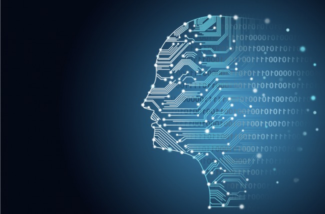 artificial intelligence image outline of head with numbers and data streaming